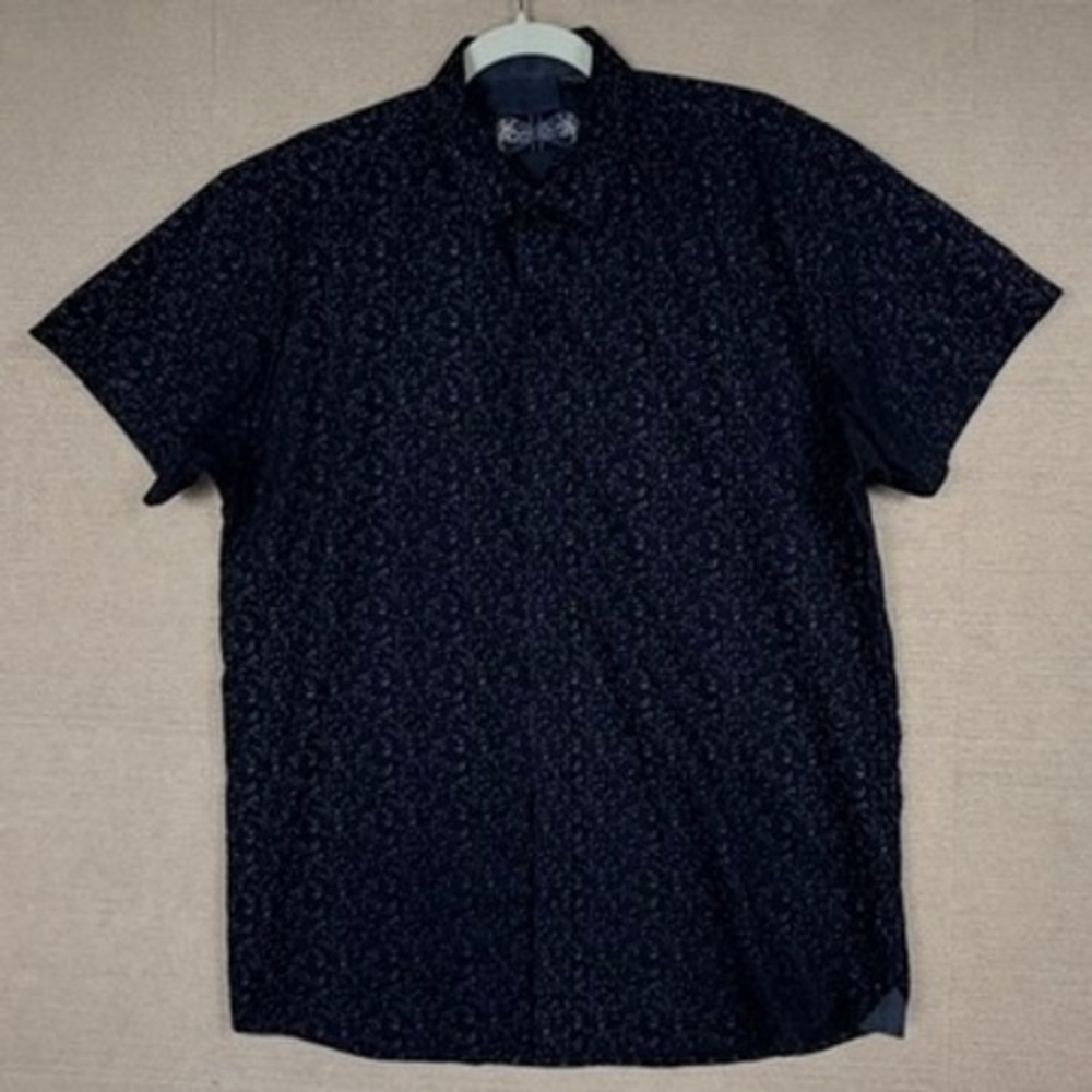 English Laundry Mens Black Floral Scroll Cotton Short Sleeve Button Down L